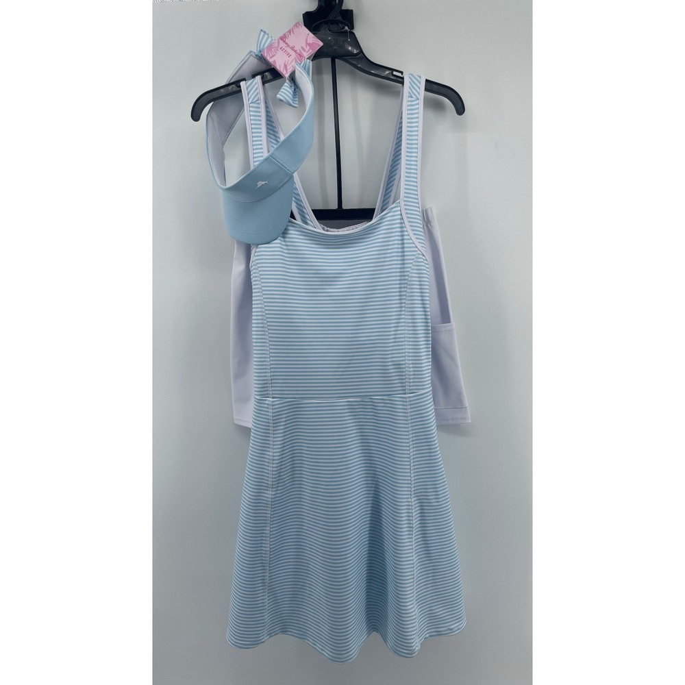 Tommy Bahama Active Tennis Dress Visor 3 Piece Set Lg Blue Striped UPF 50 NWT